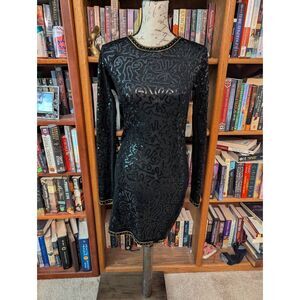 Mng wool and silk black sequin long sleeve cocktail  dress sz m euc low back